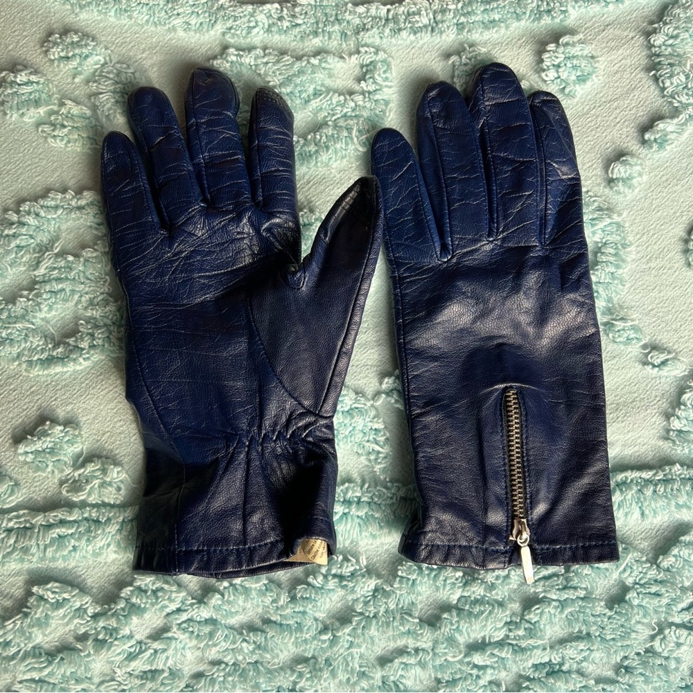 Blue Leather Zipper Driving Gloves